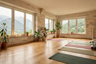 Salle de yoga lumineuse avec parquet en bois, grandes fenêtres sur les montagnes d'Auvergne-Rhône-Alpes et tapis de yoga disposés en rangées