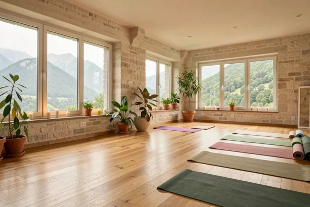 Salle de yoga lumineuse avec parquet en bois, grandes fenêtres sur les montagnes d'Auvergne-Rhône-Alpes et tapis de yoga disposés en rangées