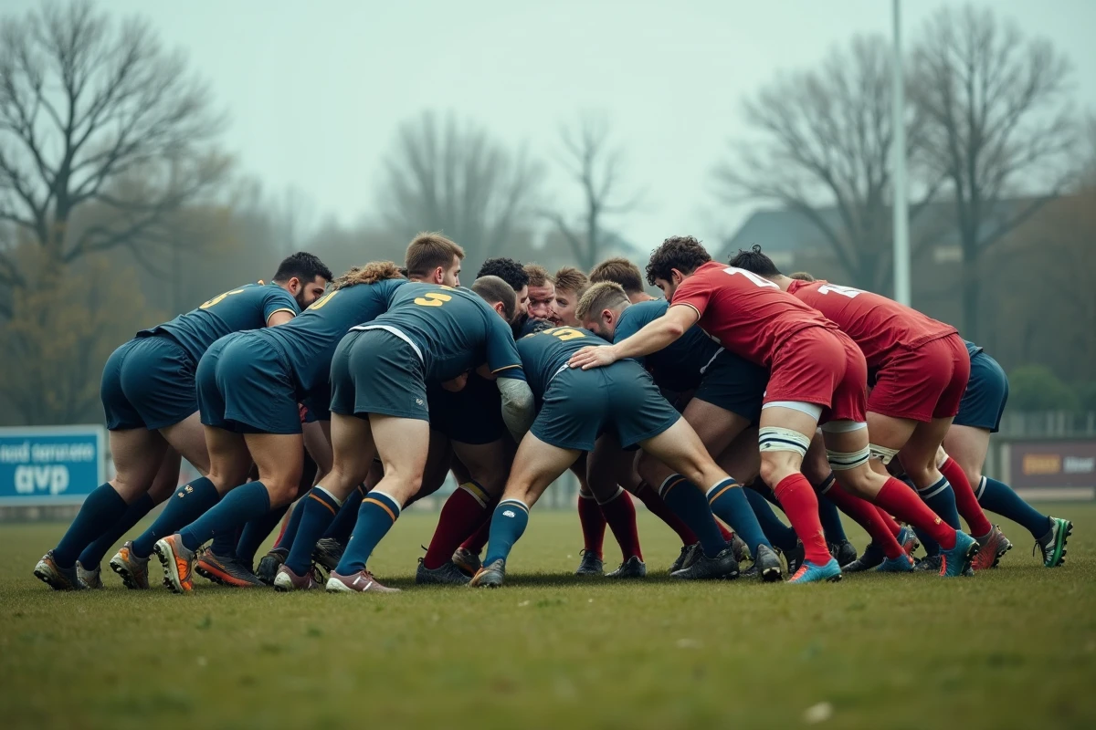 Mêlée fermée disputée lors d'une rencontre de rugby Fédérale 2 sur un terrain de club en France en automne