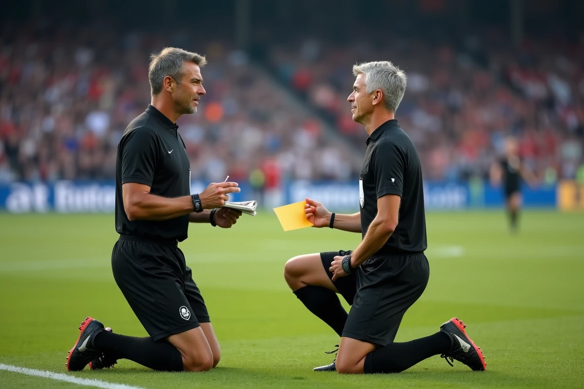 Arbitre expérimenté encadrant une jeune stagiaire arbitre lors d'un match amateur en Drôme Ardèche, moment de transmission et de mentorat