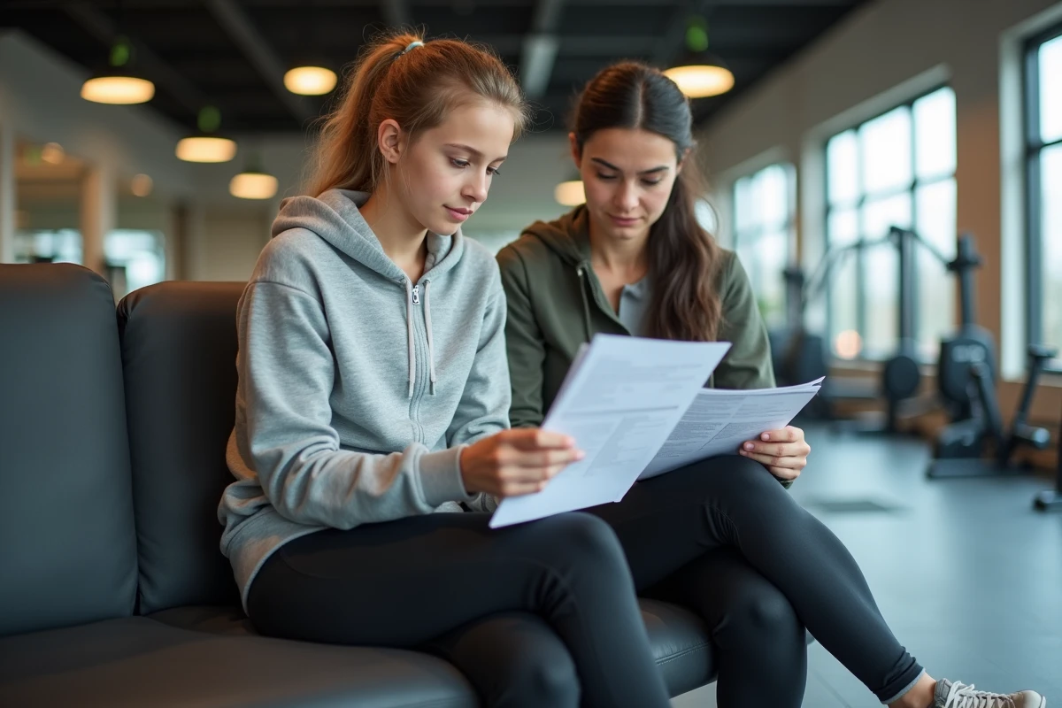 Jeune adolescente et sa mère lisant les conditions d'accès à une salle de sport pour les mineurs