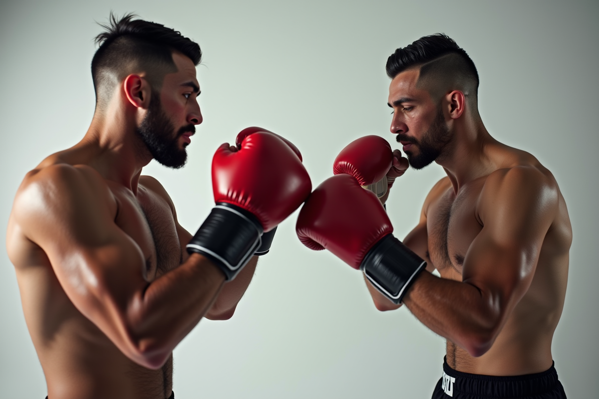 Profils de deux combattants de MMA shadowboxing en studio lumineux