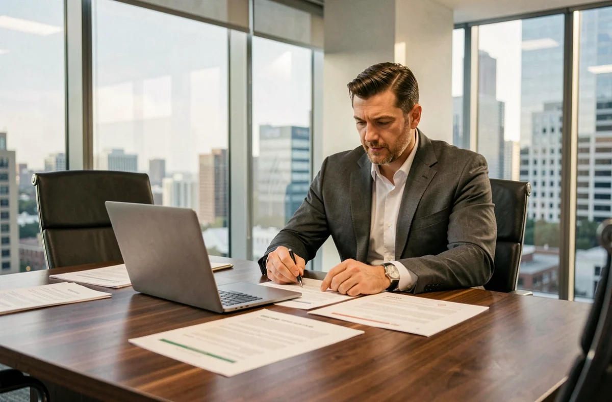 Agent sportif en costume gris examinant des documents de contrat dans un bureau moderne, évoquant la négociation salariale et la prolongation de contrat d'un rugbyman professionnel