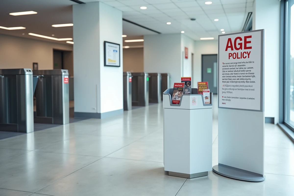 Panneau d'information sur l'âge minimum d'accès affiché à l'entrée d'une salle de sport moderne