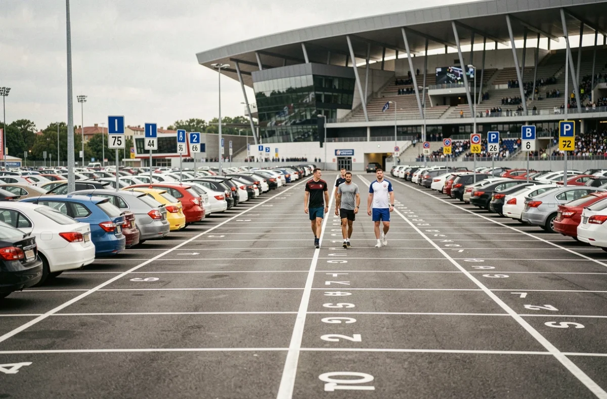 Parking officiel du Stade Pierre Mauroy avec des voitures garées et des supporters marchant vers l'entrée du stade