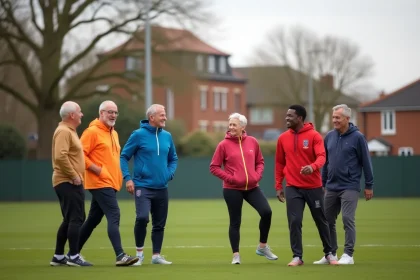 Groupe de sportifs adultes en tenue de sport colorée sur un terrain de football communautaire en Angleterre, représentant les partenariats sportifs locaux du Royaume-Uni