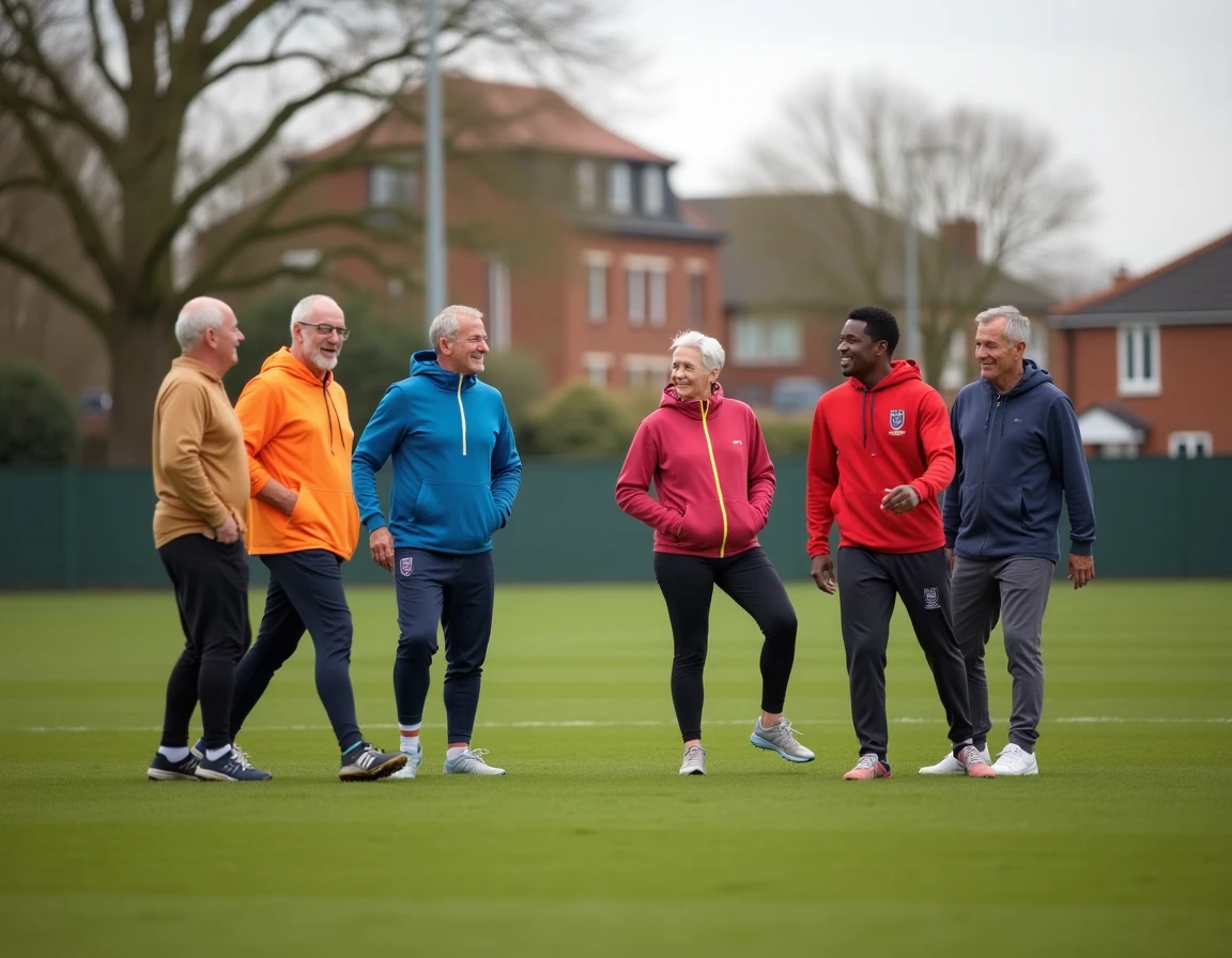 Groupe de sportifs adultes en tenue de sport colorée sur un terrain de football communautaire en Angleterre, représentant les partenariats sportifs locaux du Royaume-Uni