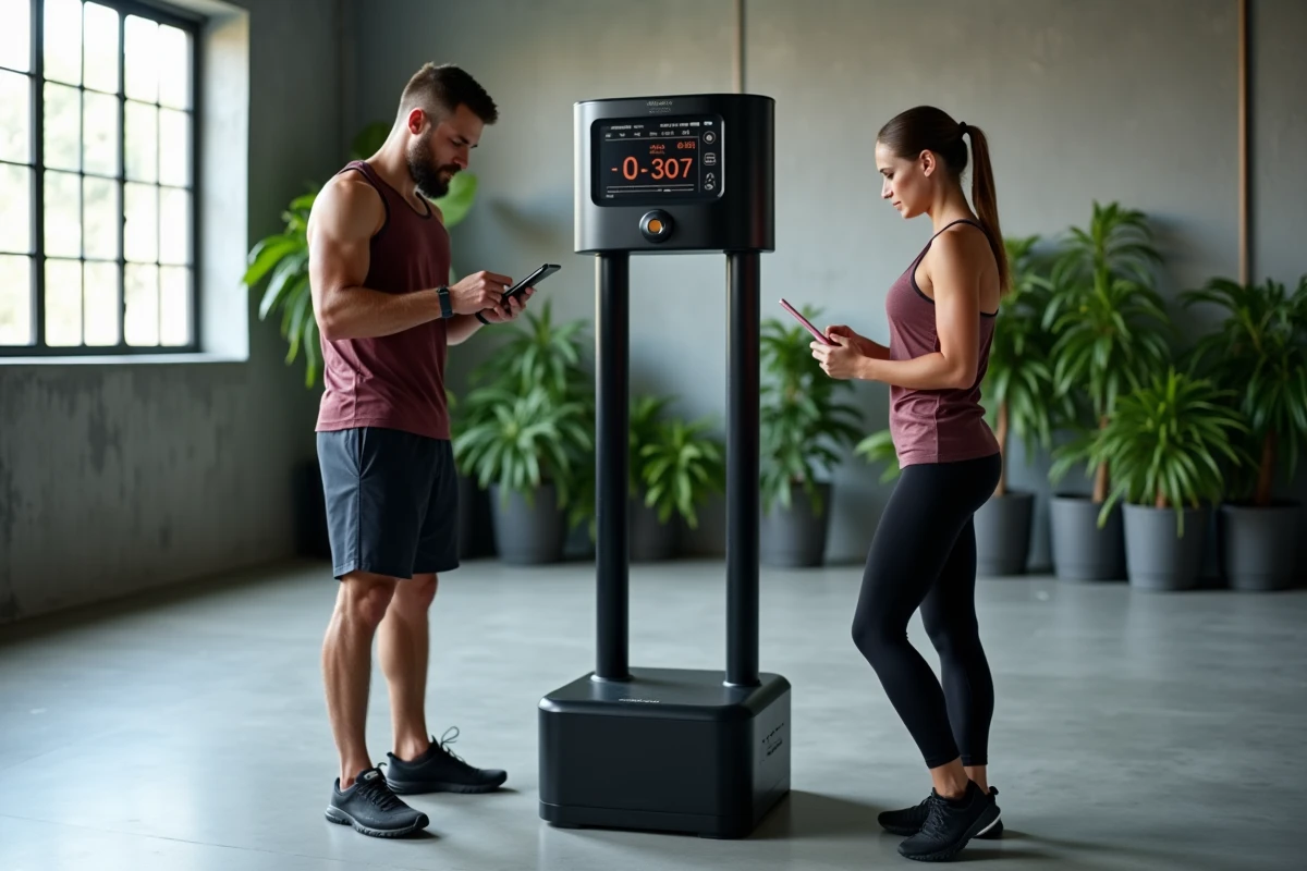 Deux sportifs en pause récupération à côté d'une machine à boxe musicale dans un studio de remise en forme