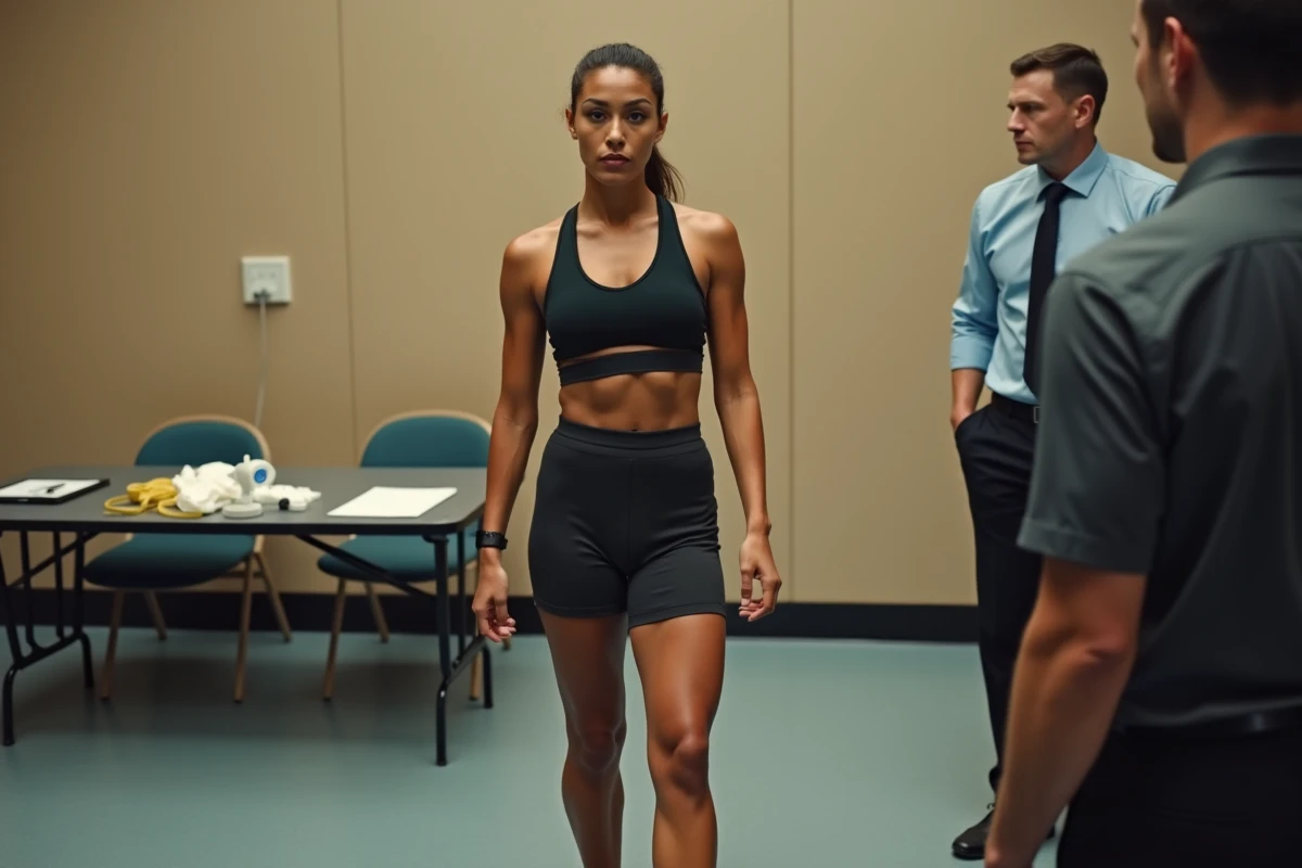 Boxeuse féminine lors d'une pesée officielle dans une salle de commission de boxe