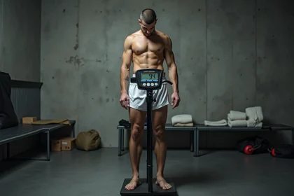 Boxeur masculin sur une balance officielle lors d'une pesée de boxe en salle