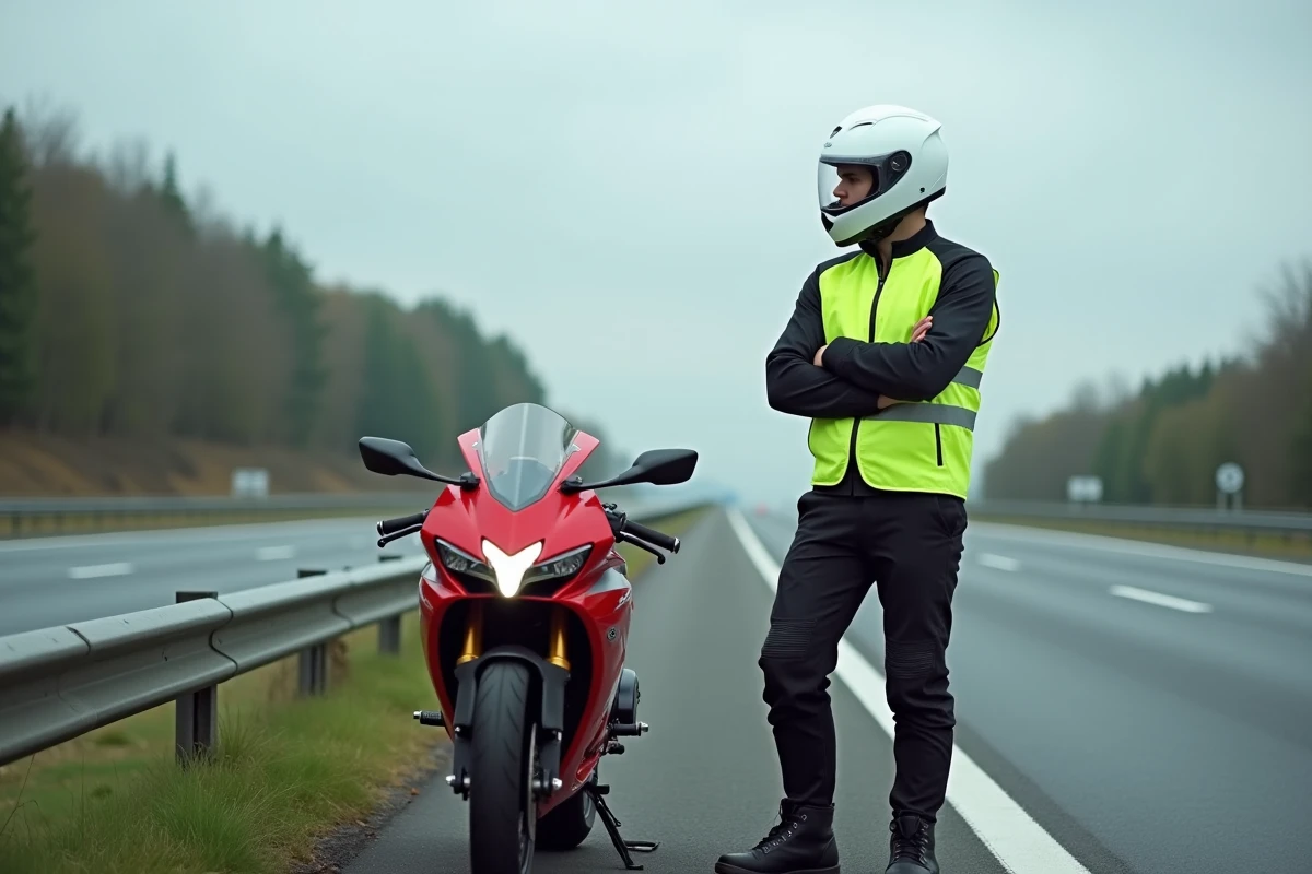 Pilote debout à côté de son Aprilia RS 125 sur le bord d'une autoroute, évaluant les conditions de vitesse réelles