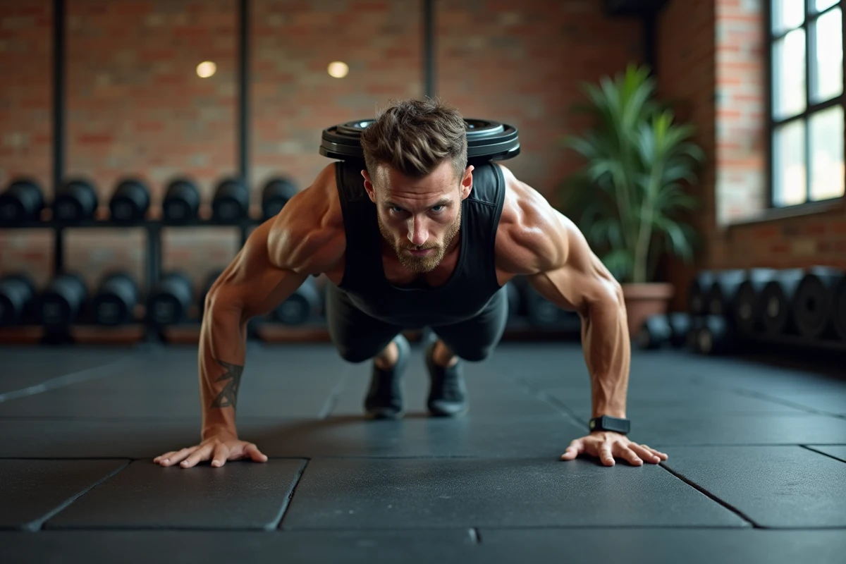 Homme effectuant une pompe lestée avec une disque de fonte sur le dos, maintenant un alignement parfait des poignets et des épaules dans une salle de sport