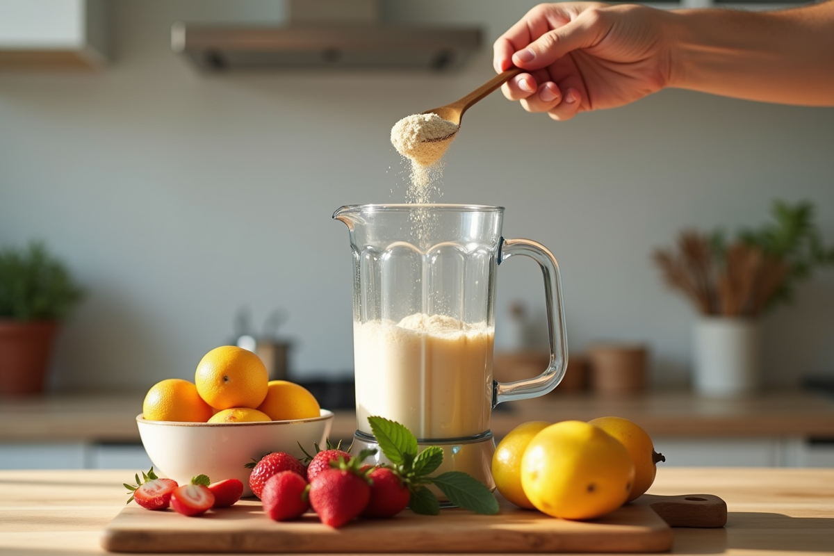 Main versant de la poudre de proteine dans un blender avec fruits frais