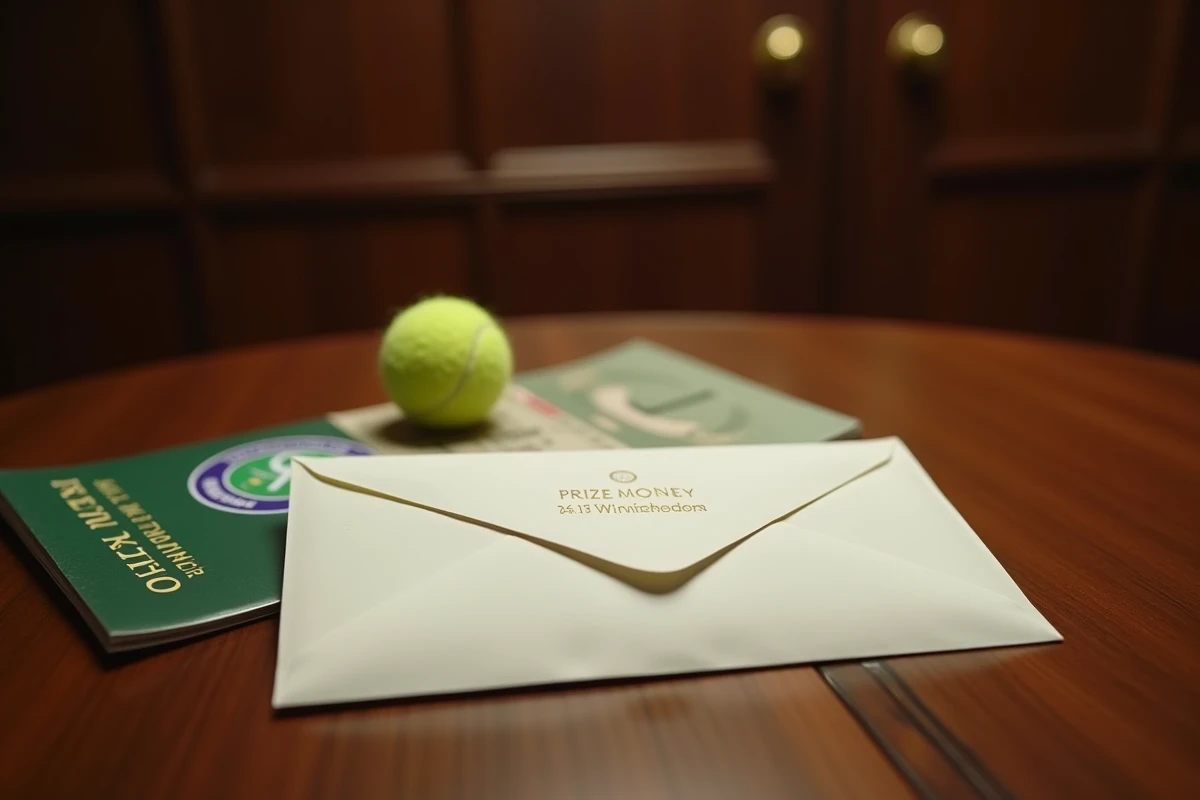 Enveloppe de prize money Wimbledon posée sur une table en bois avec un programme officiel et une balle de tennis verte