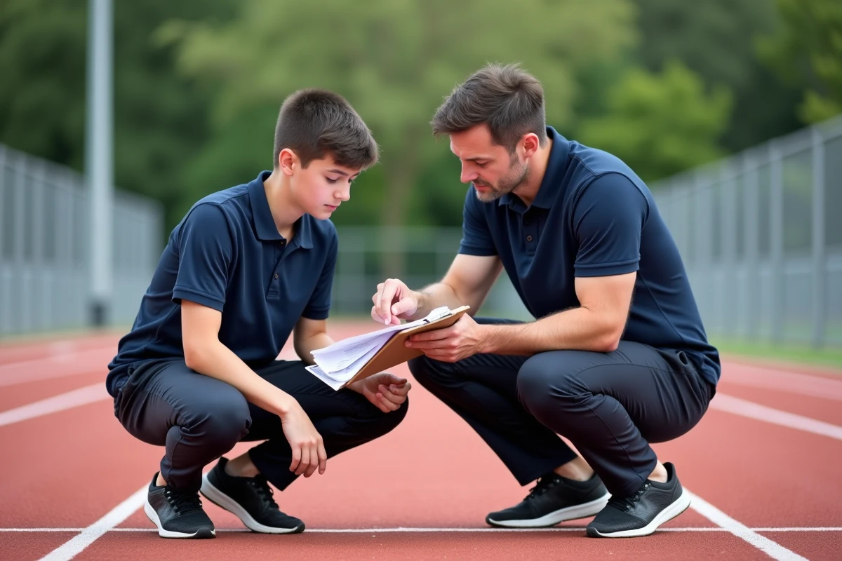 Enseignant d'EPS expliquant les champs d'apprentissages à un élève sur une piste d'athlétisme