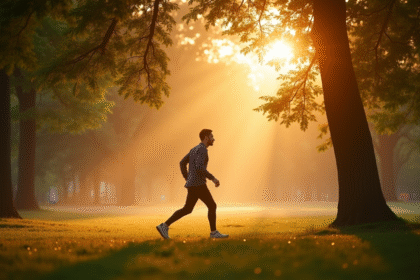 Personne marchant dans un parc au lever du soleil avec lumière douce
