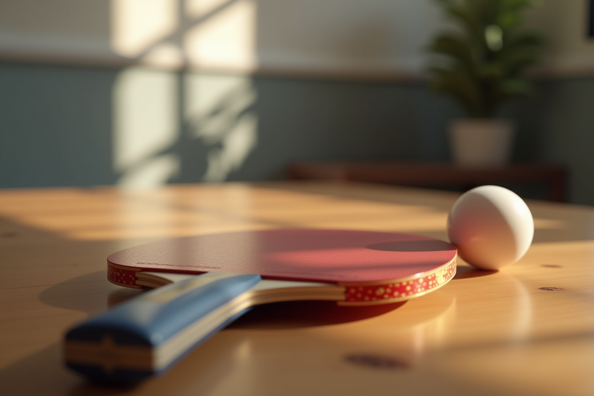 Raquette de tennis de table haut de gamme sur bureau en bois