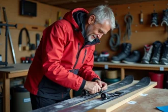 Homme en veste rouge réparant ses skis dans un atelier