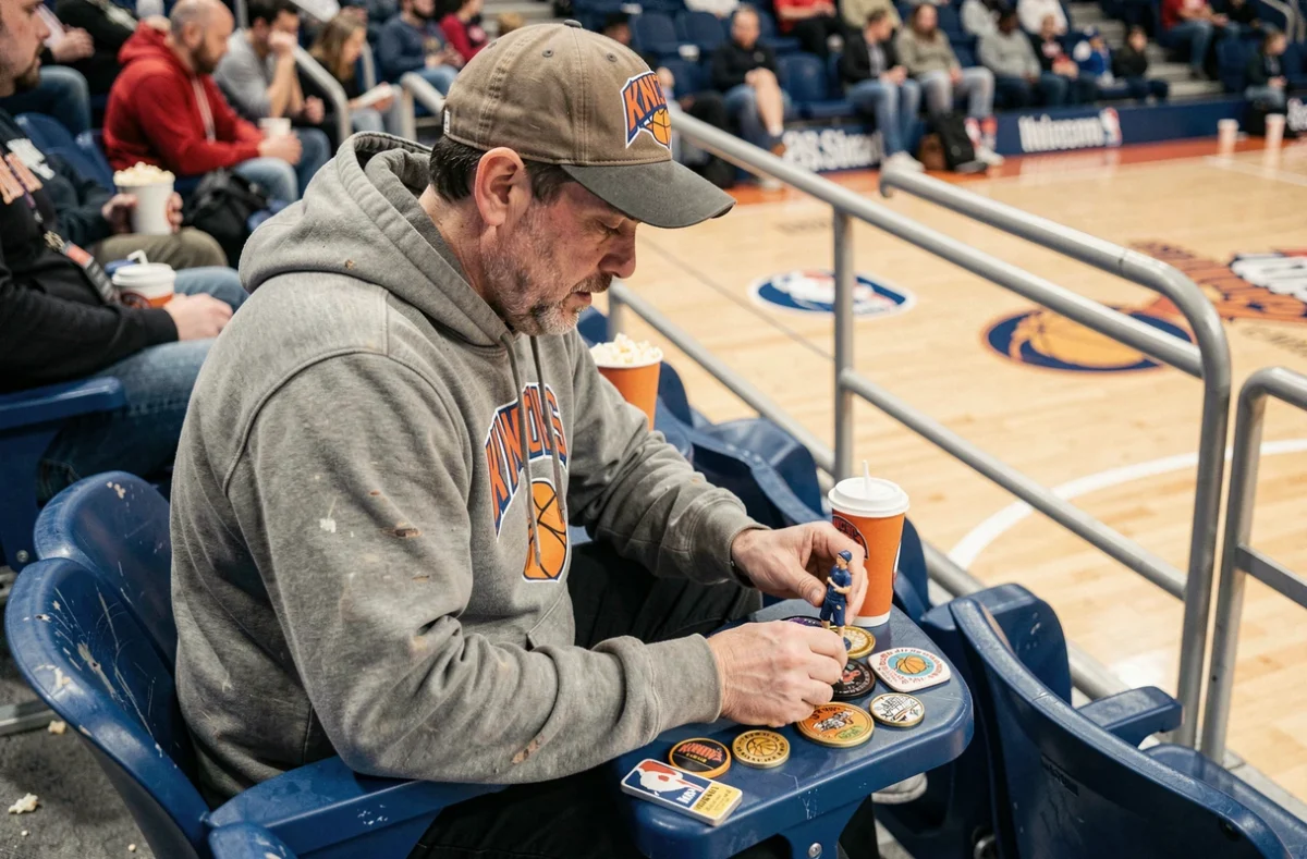 Fan de basket new-yorkais effectuant ses rituels porte-bonheur avant le début d'un match des Knicks à l'arène