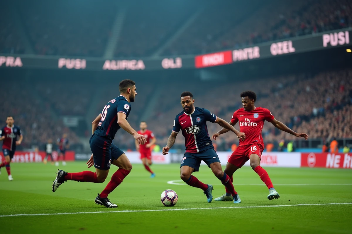 Duel entre joueurs de l'OL et du PSG en plein match, illustrant le déséquilibre de puissance entre les deux clubs