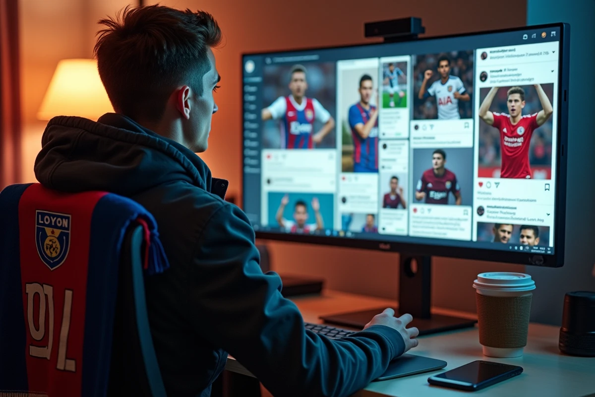 Jeune supporter de l'OL consultant les réseaux sociaux sur son ordinateur, illustrant les rivalités qui migrent en ligne
