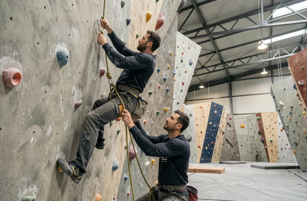 Grimpeur en tête sur un mur de voie et son assureur dans la salle Roc en Stock à Mérignac