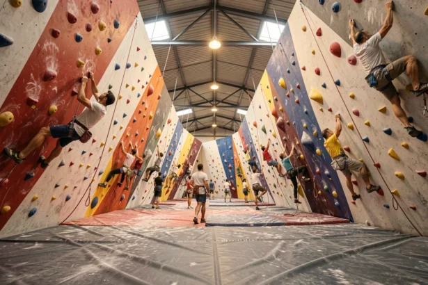 Vue d'ensemble d'une grande salle d'escalade en Gironde avec grimpeurs sur blocs et murs colorés