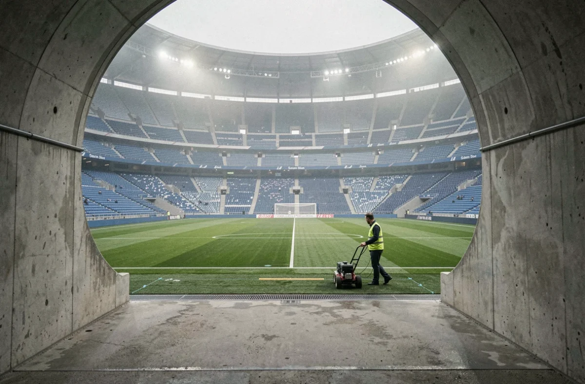 Vue intérieure du stade San Siro de l'Inter Milan lors de la préparation du terrain avant une grande soirée de Ligue des Champions