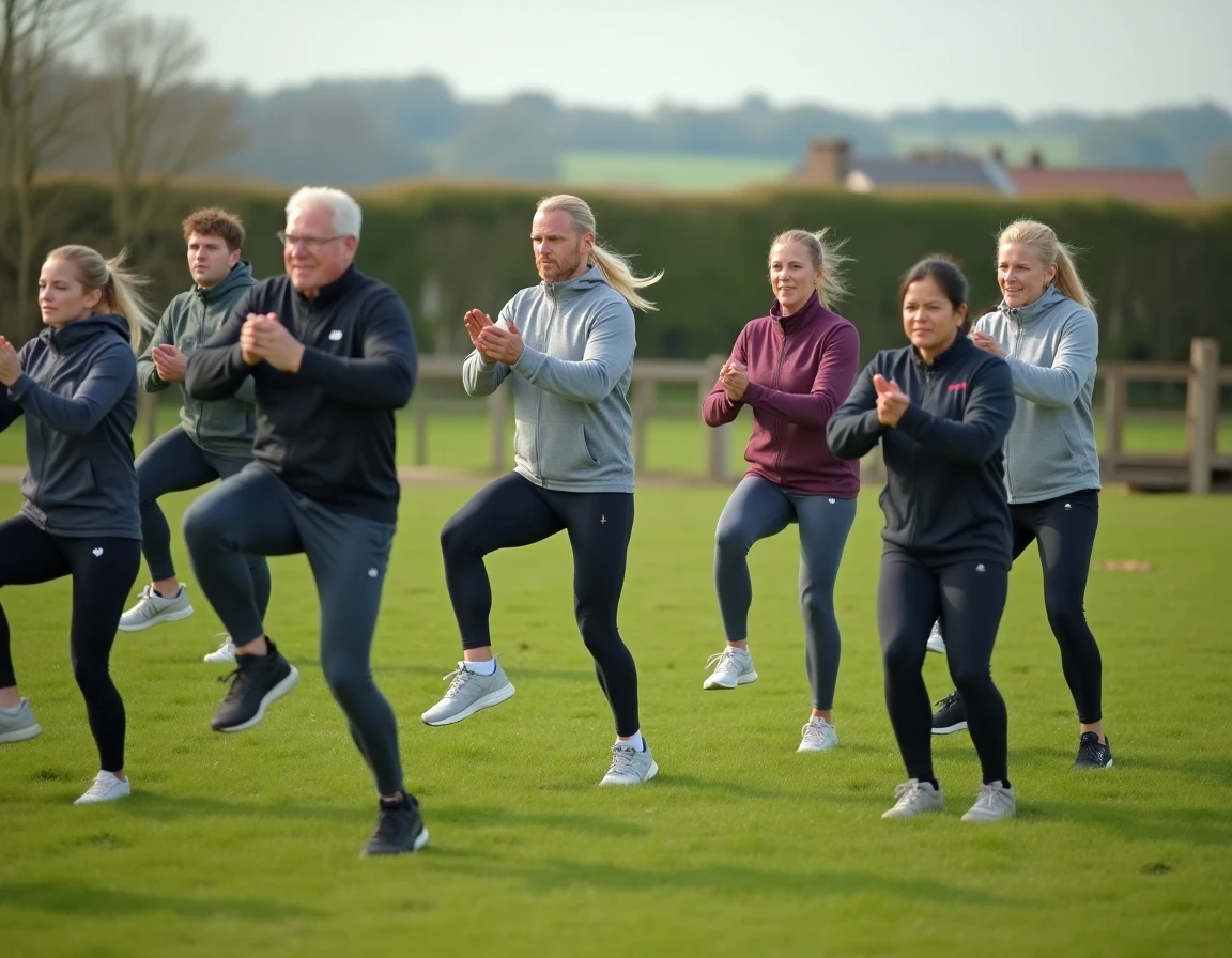Groupe multigénérationnel participant à une séance de fitness en plein air dans un parc rural anglais, symbolisant l'impact des County Sports Partnerships sur le sport local au Royaume-Uni