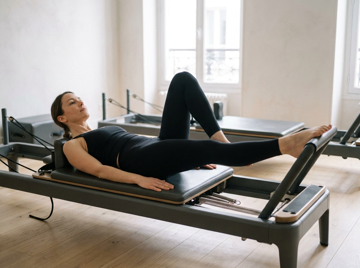 Femme pratiquant le Pilates Reformer dans un studio épuré à Paris, allongée sur le chariot et effectuant un exercice de jambes contrôlé