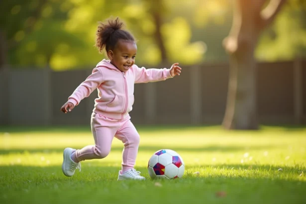Petite fille de 3 ans en survêtement rose qui tape dans un ballon de foot sur une pelouse verte dans un parc