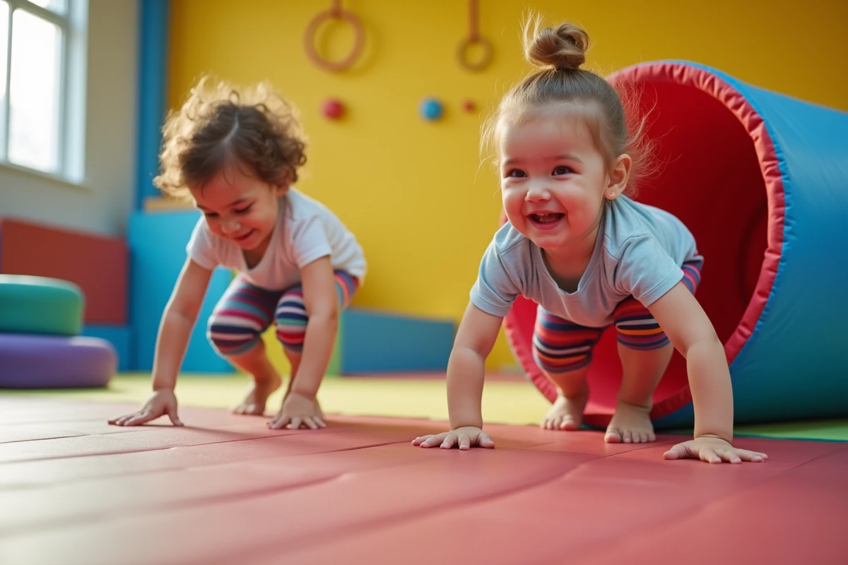 Deux enfants de 3 ans en vêtements de sport colorés qui s'exercent sur des obstacles en mousse dans un cours de gym pour tout-petits