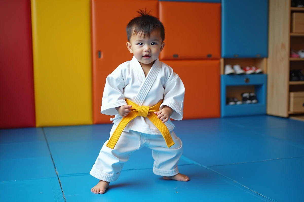 Petit garçon de 3 ans en kimono de judo blanc sur un tatami bleu dans un dojo pour enfants