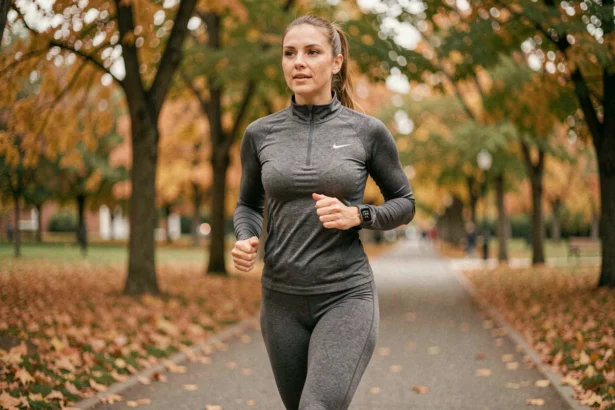 Femme en tenue de sport qui court sur un sentier de parc urbain en automne avec une montre connectée au poignet pour suivre ses performances