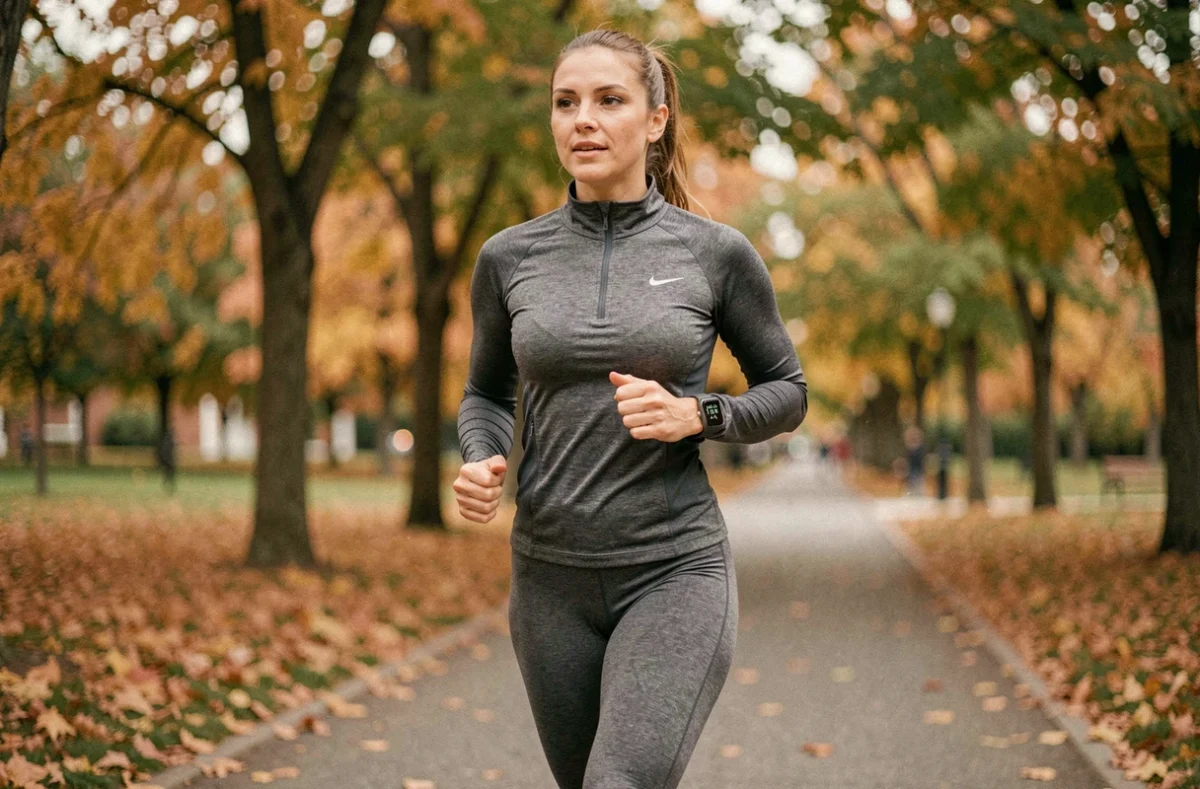 Femme en tenue de sport qui court sur un sentier de parc urbain en automne avec une montre connectée au poignet pour suivre ses performances