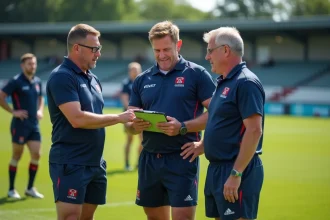 Staff technique d'un club promu en Nationale 2 analysant les stratégies tactiques lors d'un entraînement de rugby