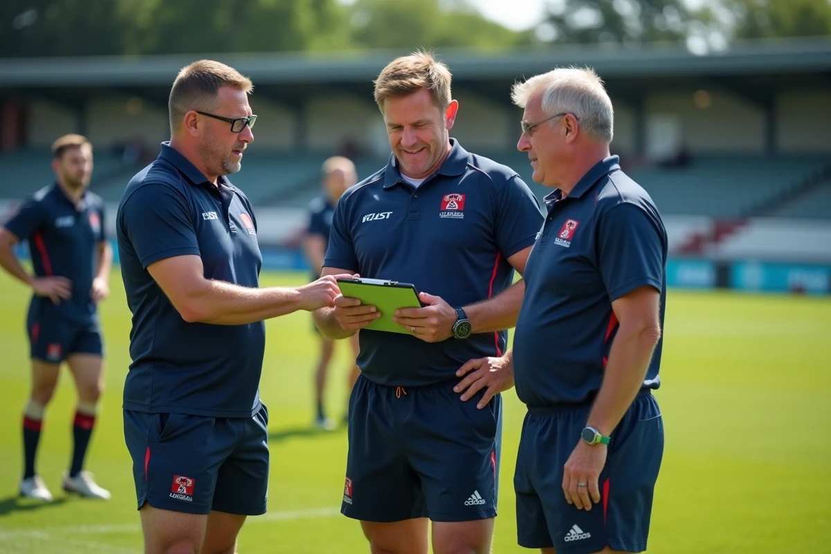 Staff technique d'un club promu en Nationale 2 analysant les stratégies tactiques lors d'un entraînement de rugby