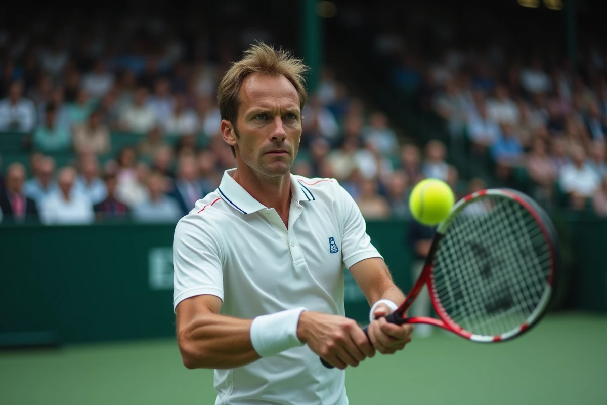 Close-up de Stefan Edberg en préparation de service en intérieur
