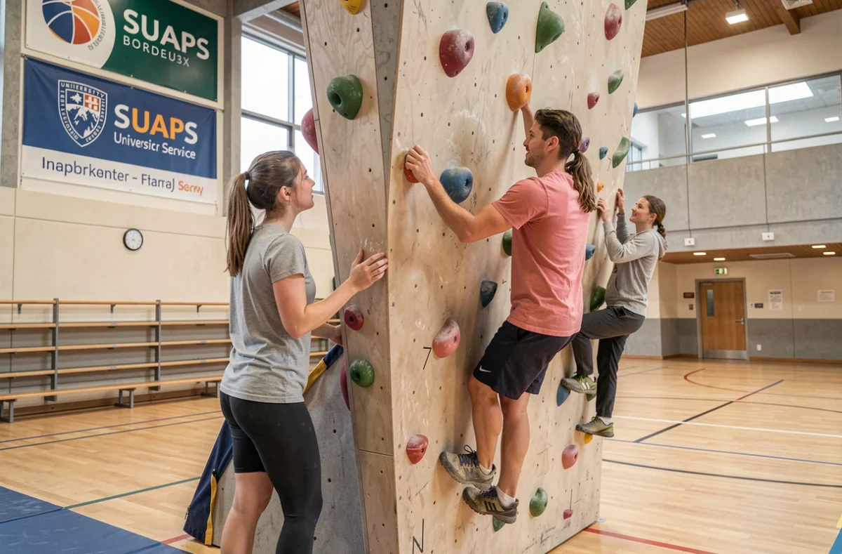 Étudiants pratiquant l'escalade sur le mur universitaire du SUAPS Bordeaux