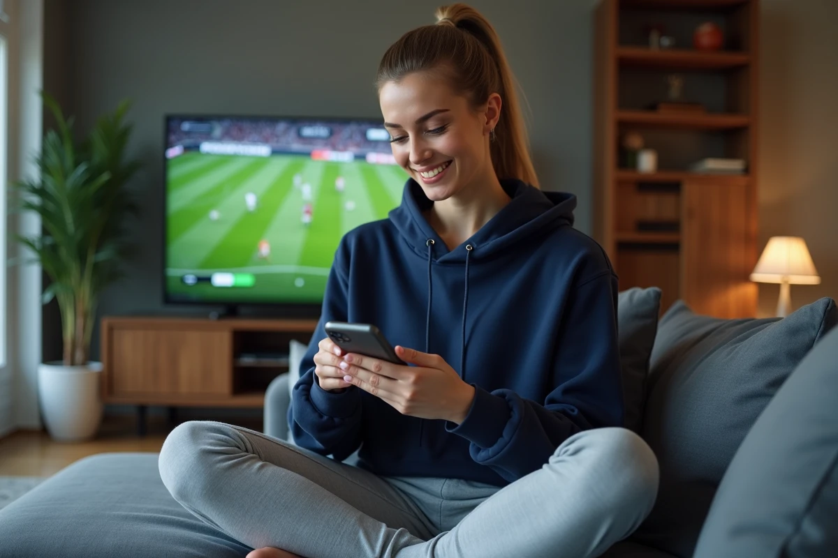 Femme consultant une application de suivi sportif sur son smartphone dans son salon