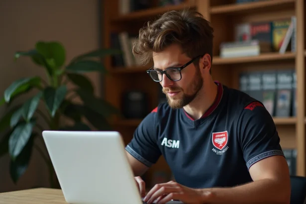 Jeune supporter de l'ASM Clermont découvrant le site CyberVulcans sur son ordinateur portable dans un bureau à domicile