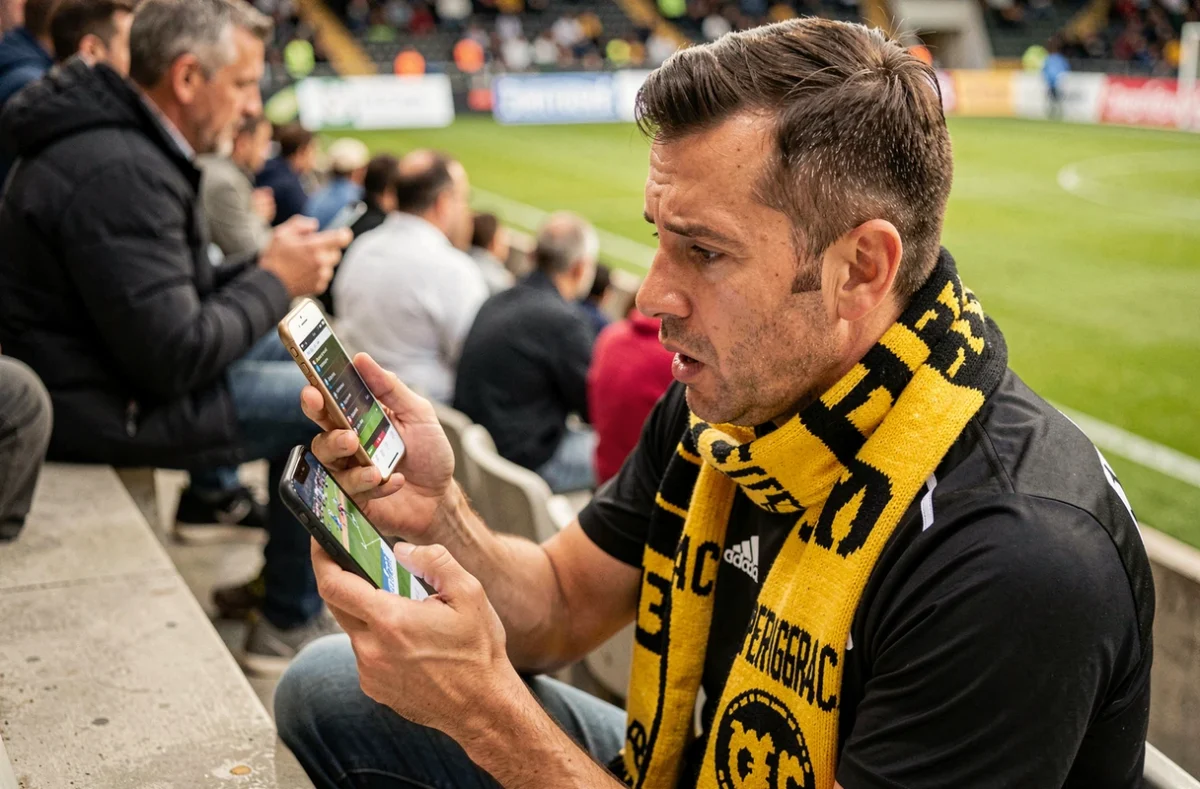 Supporter du Bergerac Périgord FC consultant les résultats en direct sur smartphone dans les tribunes du stade