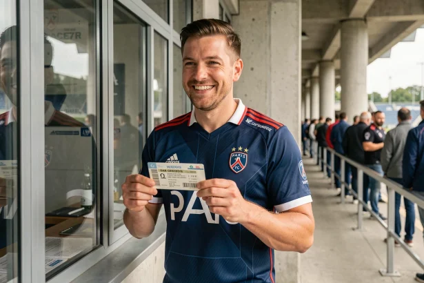 Supporter du Paris FC tenant son billet de match devant le guichet de la billetterie du stade