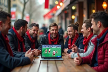 Supporters de rugby autour d'une table en terrasse