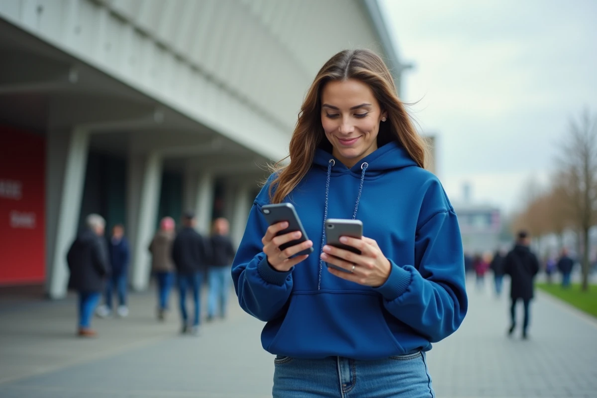 Femme supportrice de l'ASM consultant le site CyberVulcans sur son smartphone devant le stade de rugby