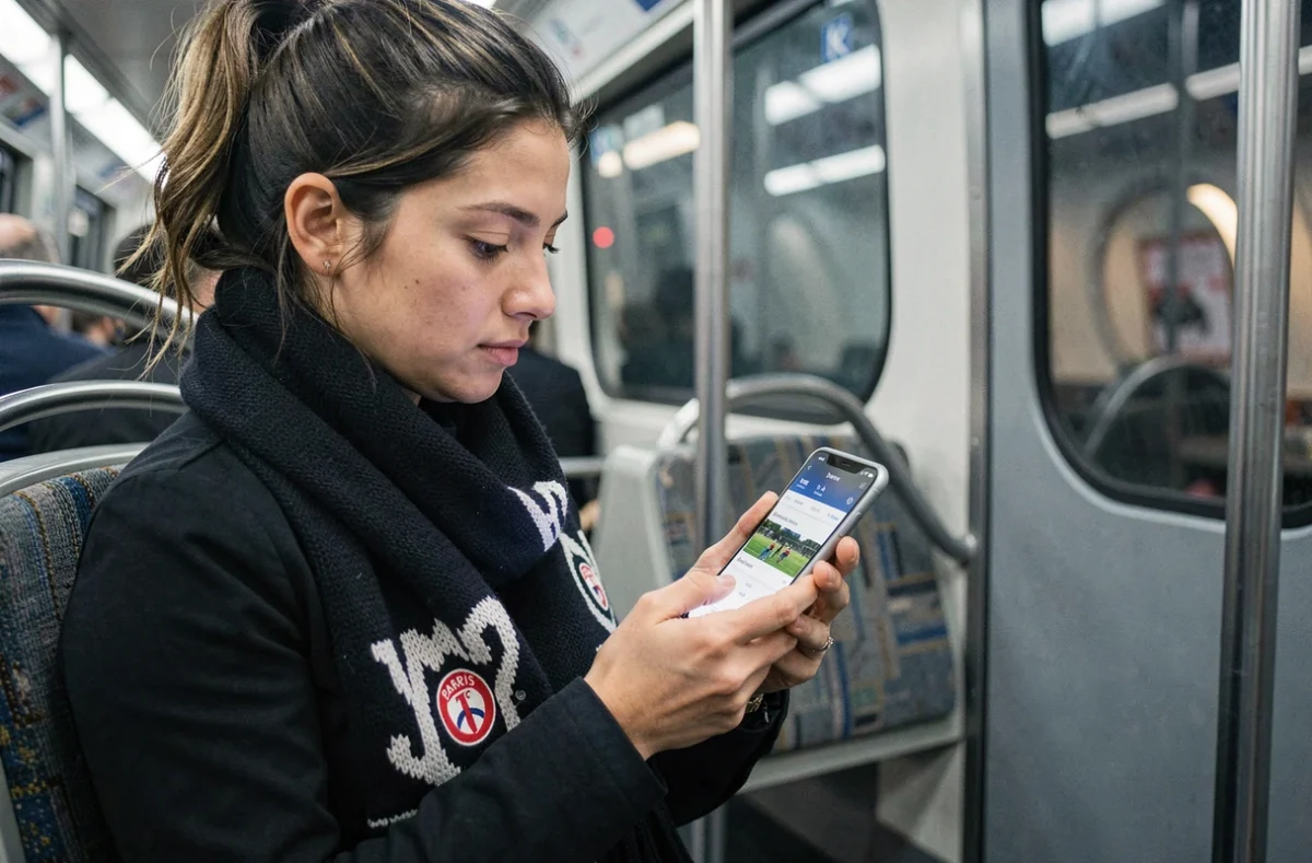 Supportrice du Paris FC consultant la billetterie en ligne sur son téléphone dans le métro