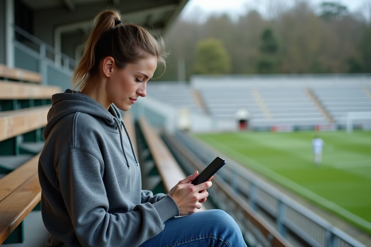 Supportrice consultant les résultats du district de l'Aisne football sur son smartphone dans un stade régional