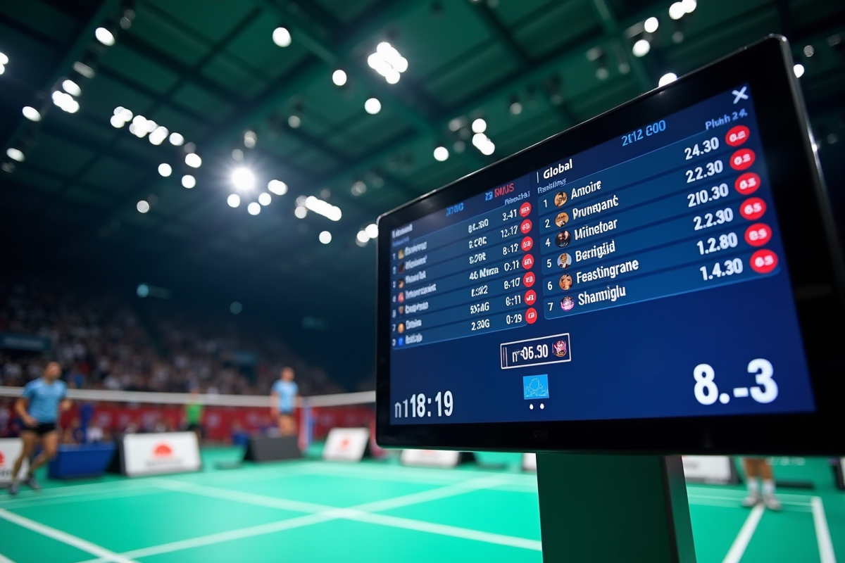 Tableau de bord de badminton mondial avec joueurs et public
