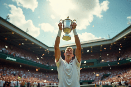 Joueur de tennis victorieux tenant le trophée de Wimbledon sur Centre Court