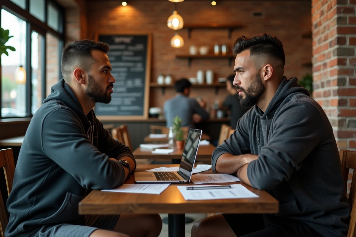 Deux combattants de boxe thaï discutant de stratégie de monétisation et de sponsoring autour d'un ordinateur portable dans un café, thème de la viabilité économique du sport de combat